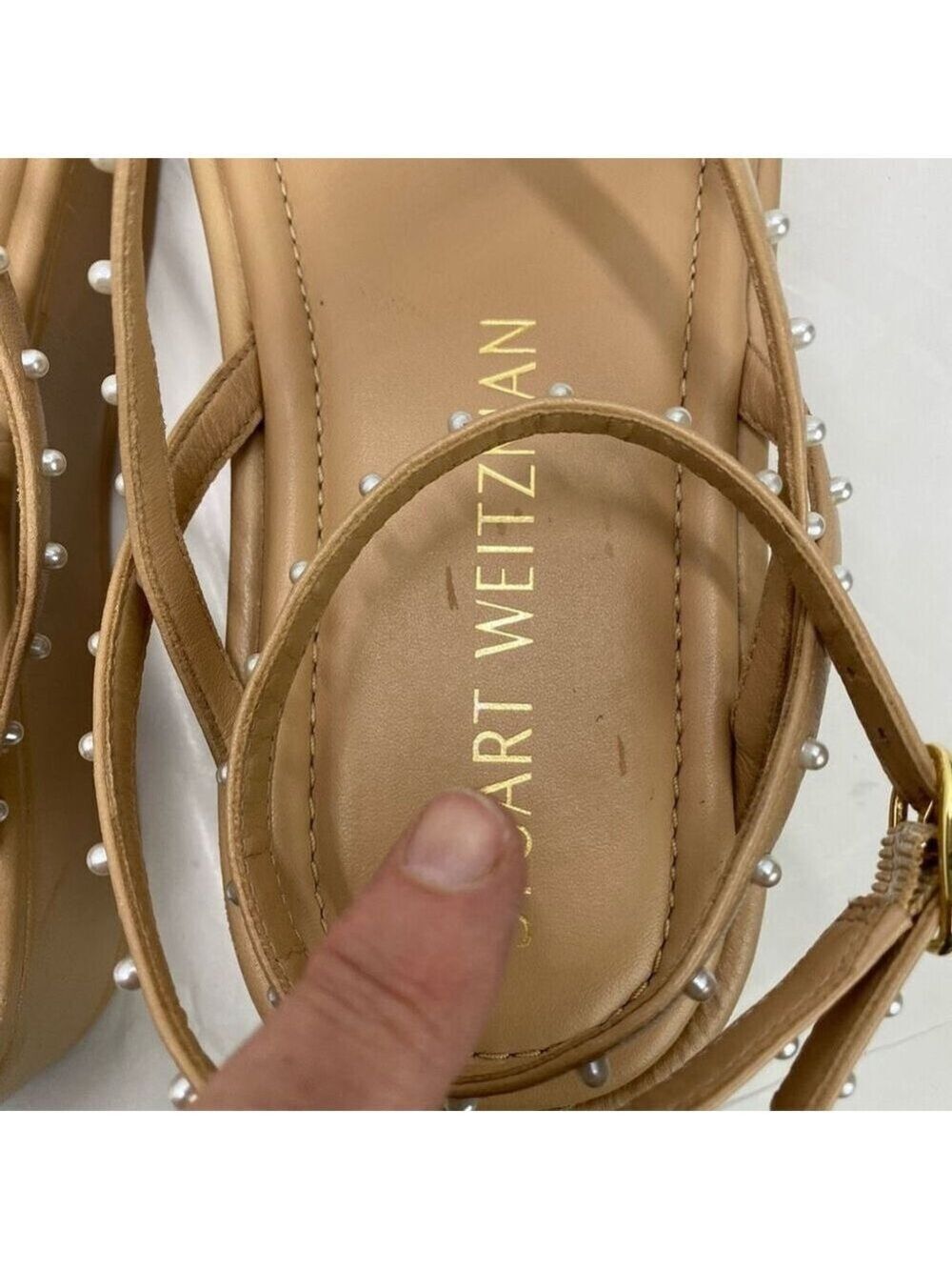 Stuart Weitzman Summerlift faux pearl embellished leather platforms sandals Wome - Picture 11 of 13
